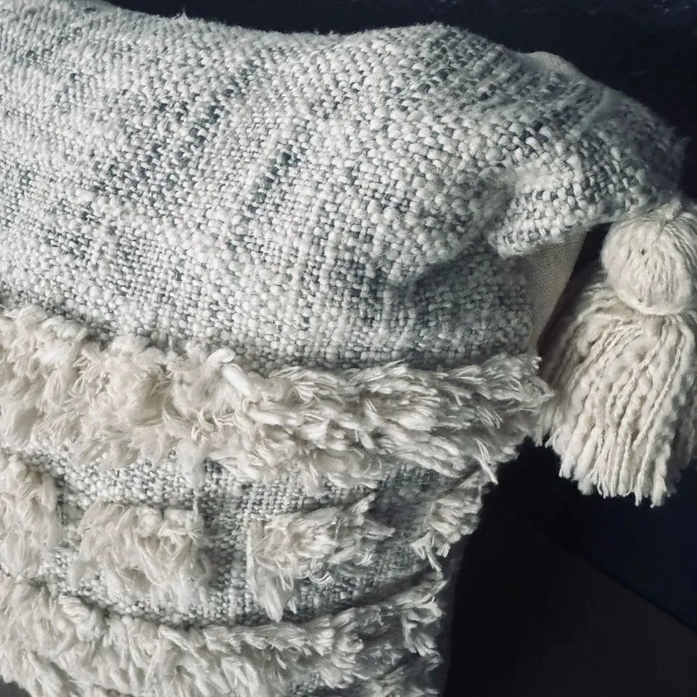 Boho Cream Gray Tassel Modern Farmhouse Rectangular Throw Pillow
